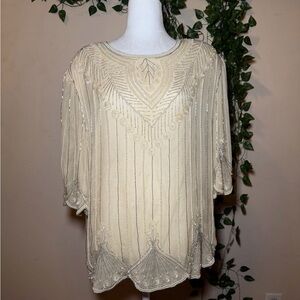 VINTAGE JUDITH ANN PLUS Elegant Cream Beaded Women's Blouse